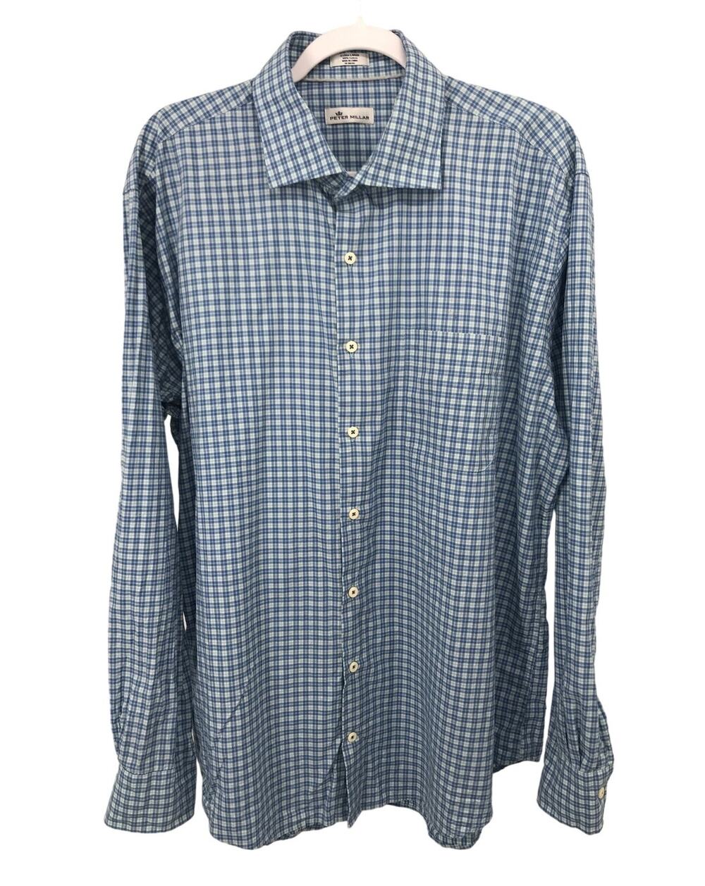 Peter Millar Mens Blue Plaid Long Sleeve Button Down Shirt Size XL